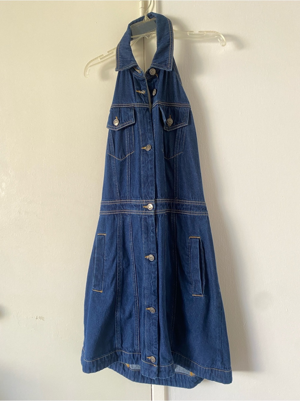 NWOT - Denim Halter Dress with Open Back and Pockets
